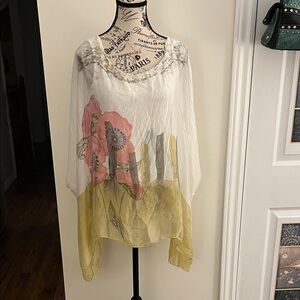 Floral Print Sheer Women's Top - White and Yellow